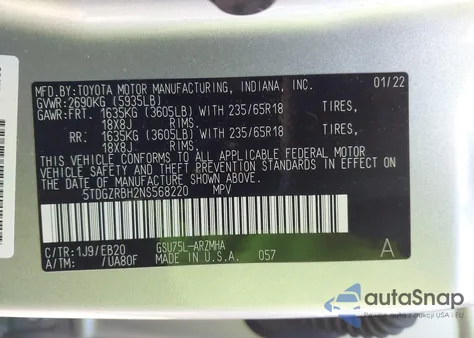 2022 Toyota Highlander Xle z USA, uszkodzony, nr VIN 5TDGZRBH2NS568220